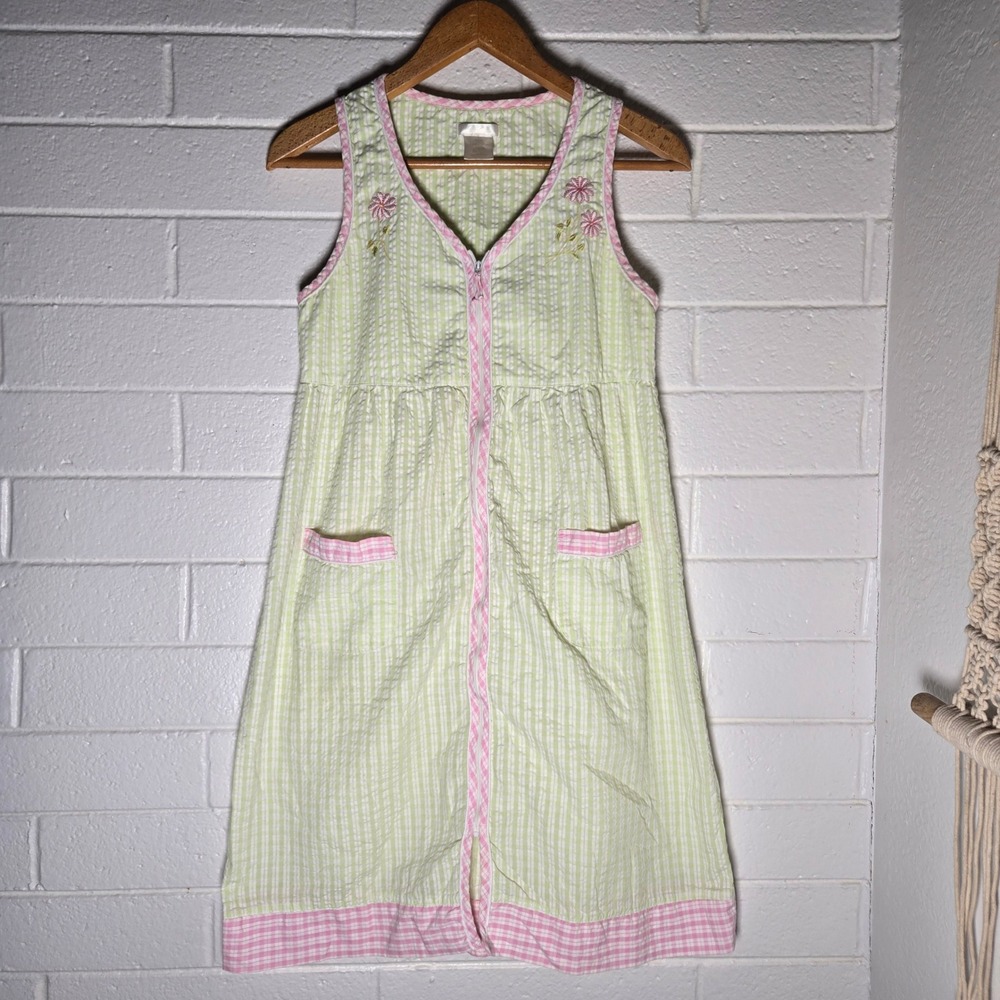 Vtg Seersucker Dress Medium Gingham Zip Front Floral Kidcore Artsy Colorful Chic